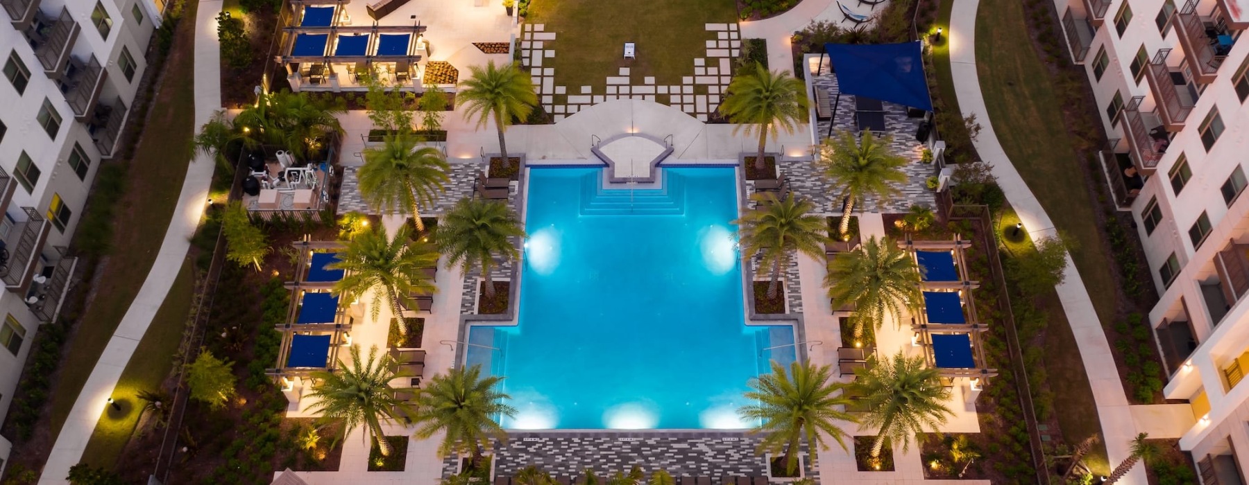 arieal view of pool and courtyard
