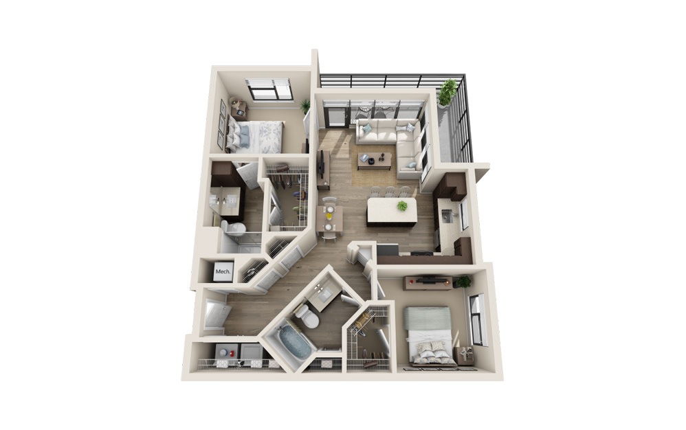 B2 - 2 bedroom floorplan layout with 2 baths and 1097 square feet.