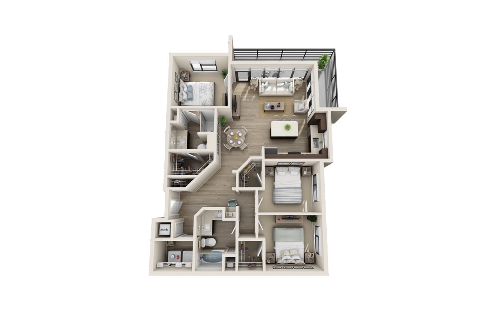 C1 - 3 bedroom floorplan layout with 2 baths and 1371 square feet.